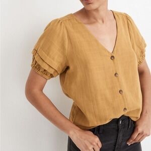 Madewell Pembroke Mustard Yellow Button Front V-Neck Top in Mahan Plaid XS NWT